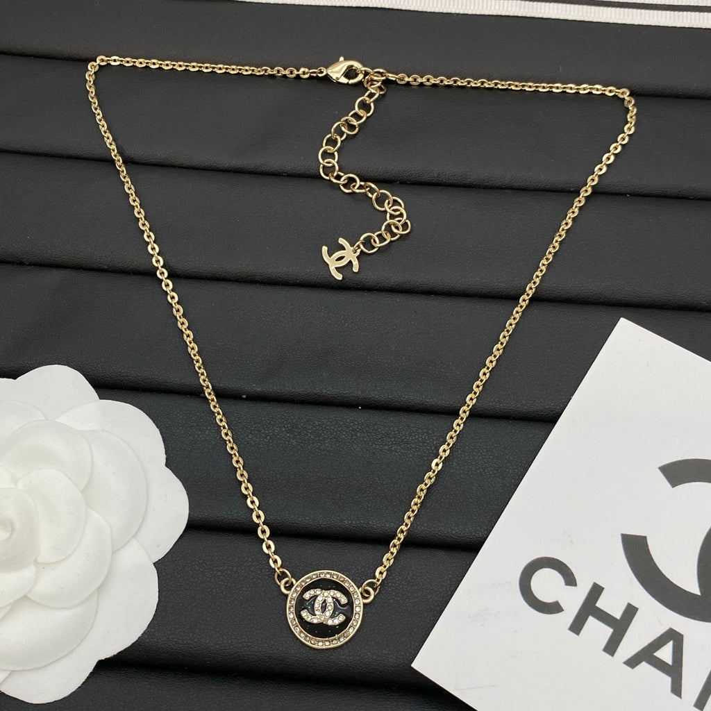 Black Enamel Circle Logo Pendant Necklace | Crystal Pavé Halo | Dainty Rolo Chain | Gold & Silver Tone