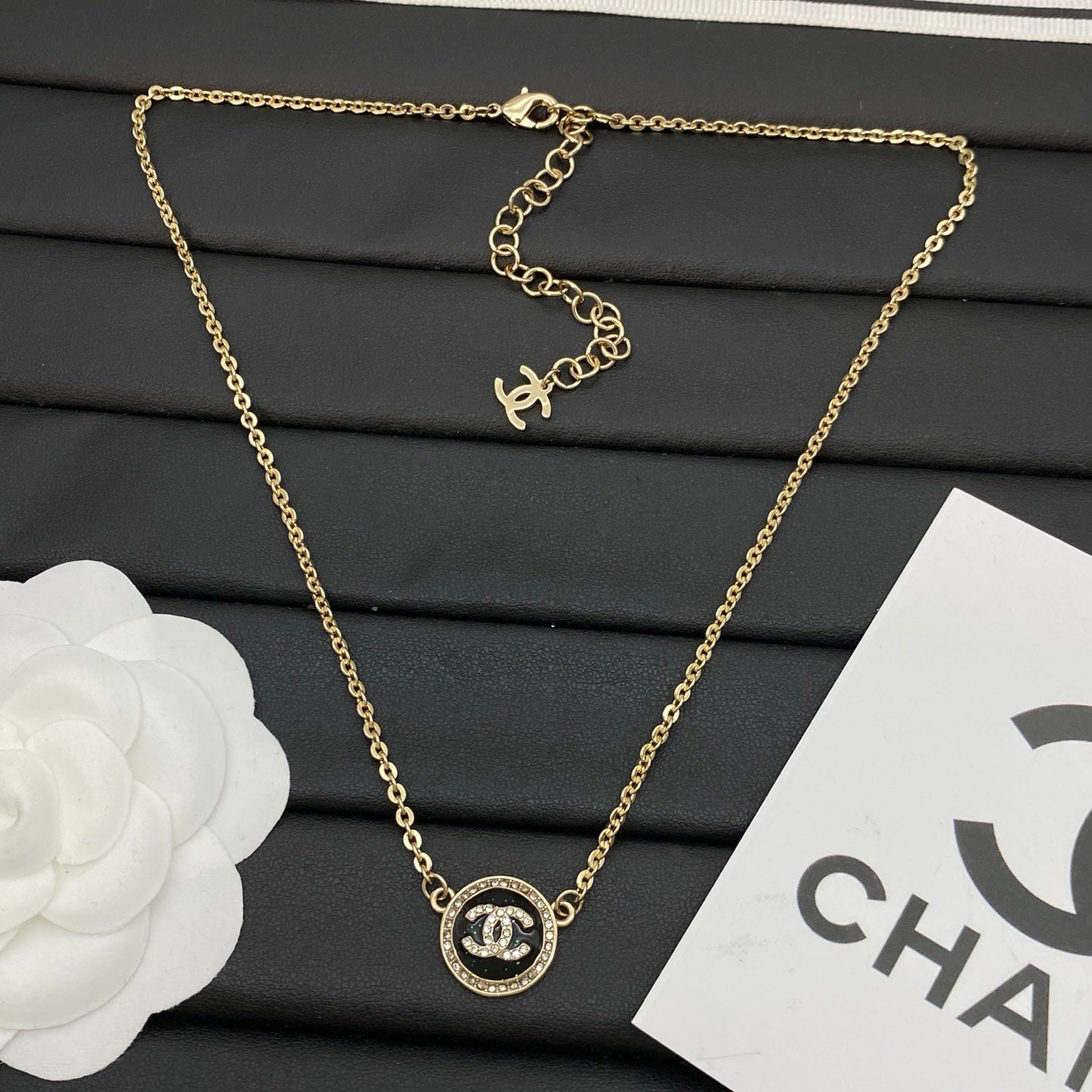 Black Enamel Circle Logo Pendant Necklace | Crystal Pavé Halo | Dainty Rolo Chain | Gold & Silver Tone
