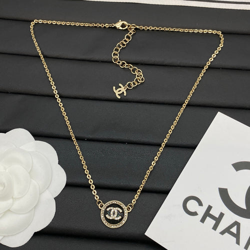 Black Enamel Circle Logo Pendant Necklace | Crystal Pavé Halo | Dainty Rolo Chain | Gold & Silver Tone