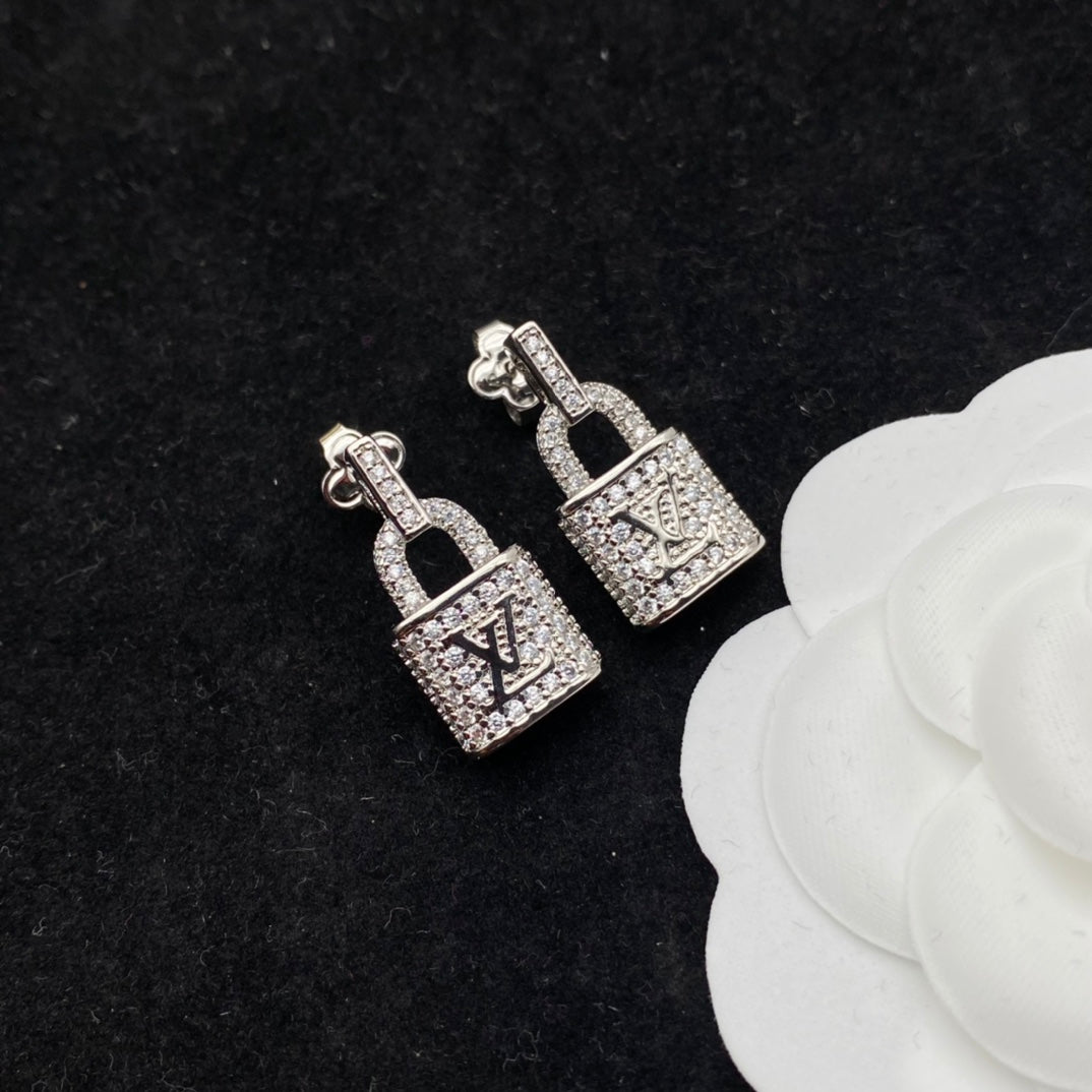 Iced Out Rhinestone Logo Lock Charm Necklace & Dangle Earrings