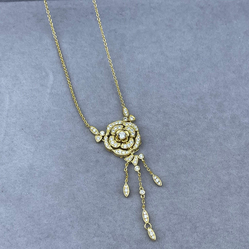 Crystal Pavé Rose Flower Tassel Pendant Necklace