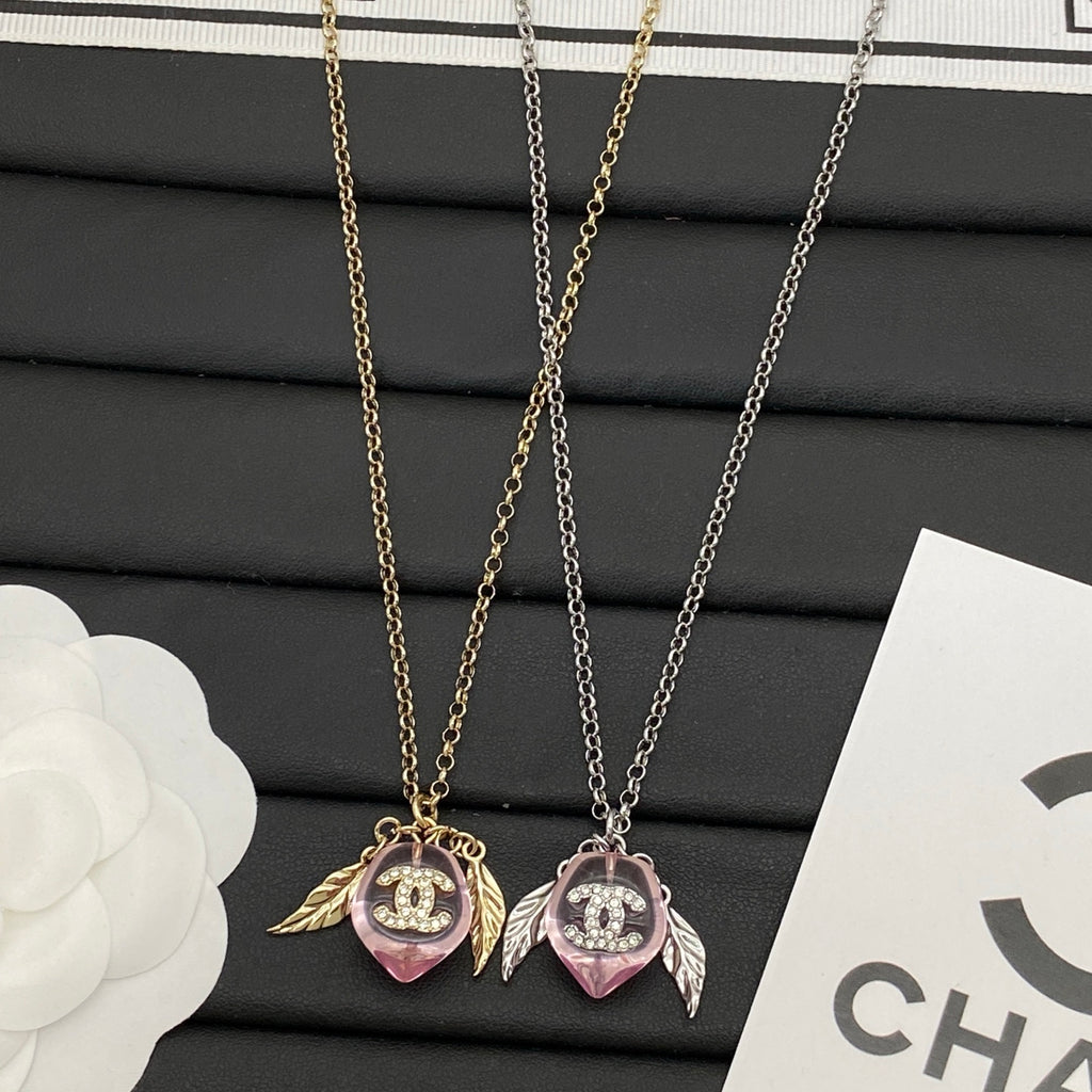 Pink Crystal Heart & Leaf Charm Necklace | Crystal Logo | Gold & Silver Tone