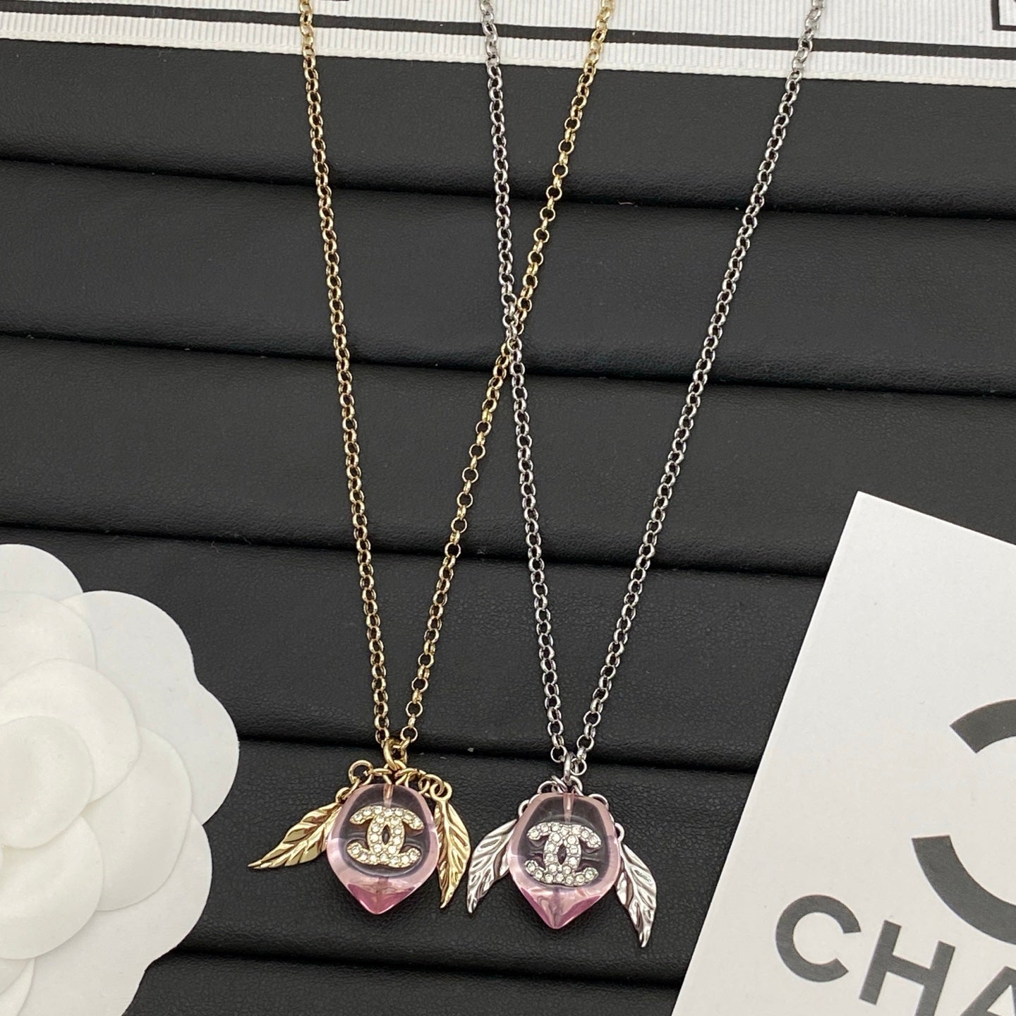 Pink Crystal Heart & Leaf Charm Necklace | Crystal Logo | Gold & Silver Tone