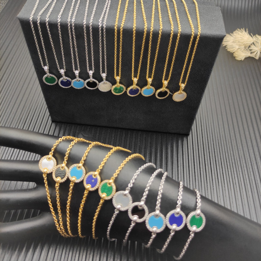 Multi-Color Oval Stone Pavé Pendant Necklace & Bracelet & Earring Set