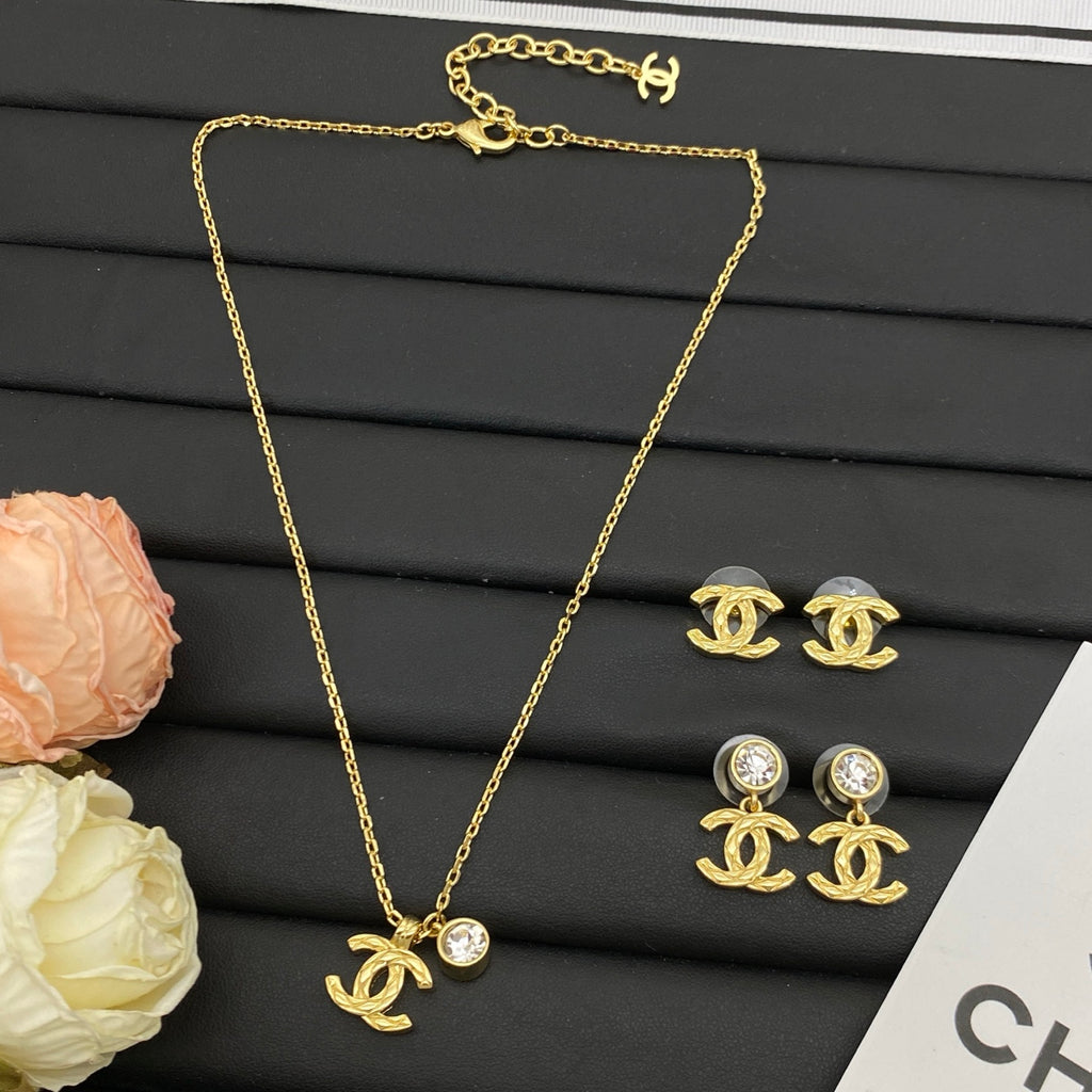 Gold Logo Charm Necklace & Earring Set
