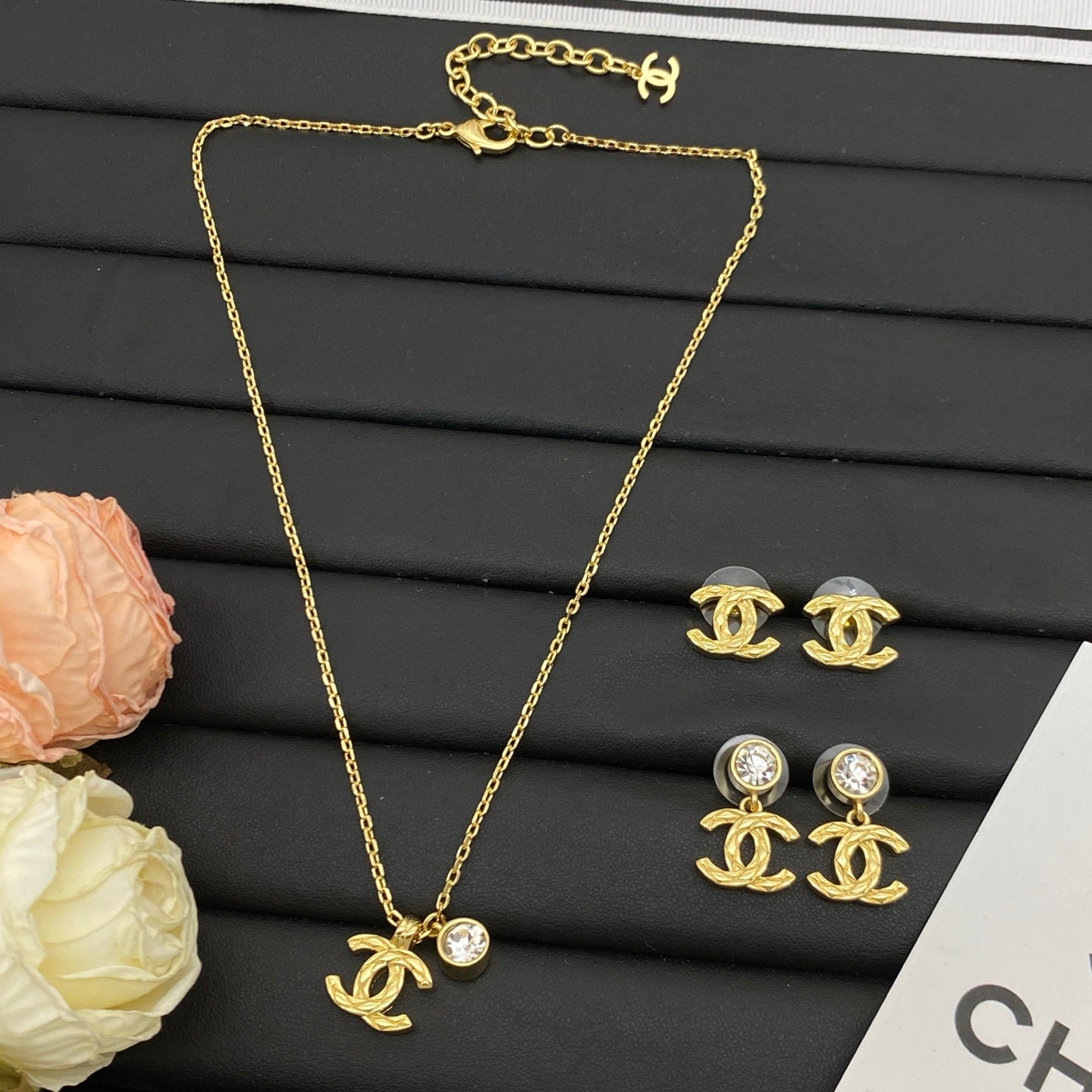 Gold Logo Charm Necklace & Earring Set