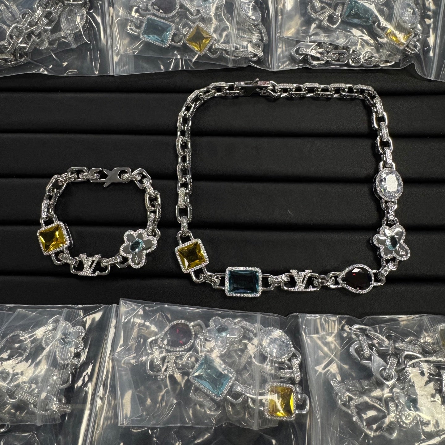 Multicolor Gemstone Pavé Link Necklace & Bracelet Set