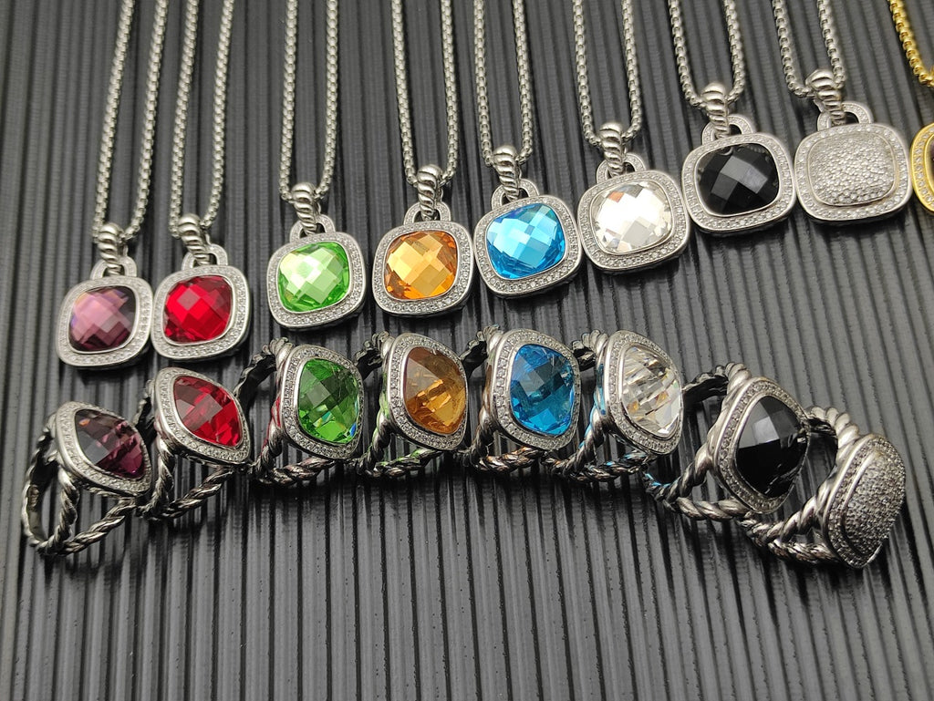 Colorful Crystal Square Pendant Necklace & Ring Set