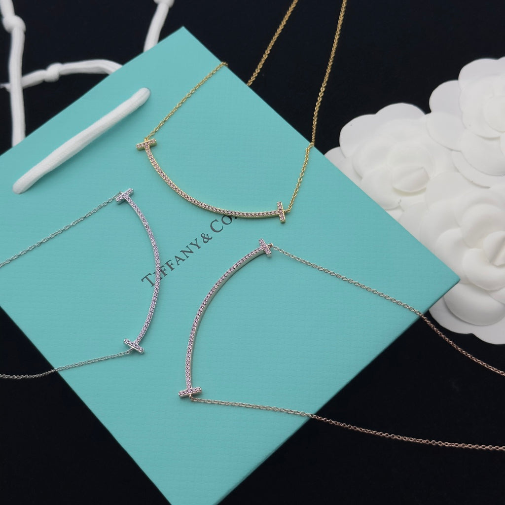 Pavé Crystal Curved Bar Smile T-End Pendant Necklace – Gold, Rose Gold & Silver