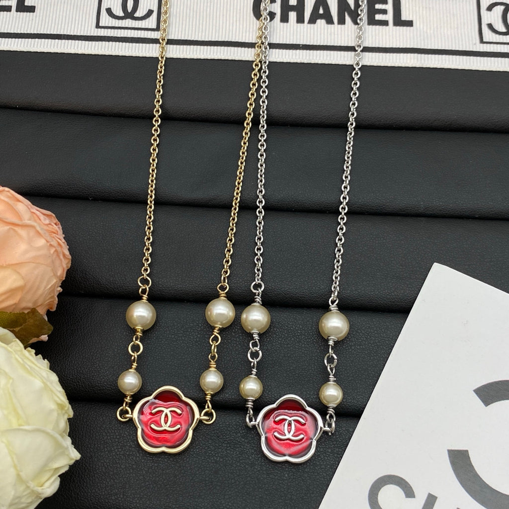 Red Camellia Enamel Pearl Pendant Necklace