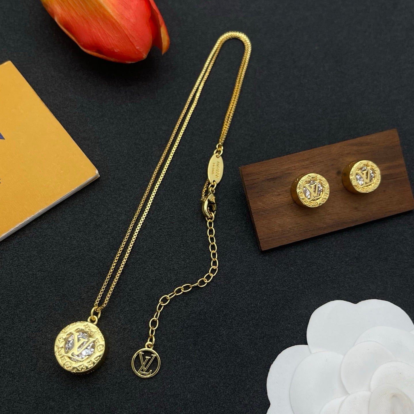 Vintage Embossed Monogram Medallion Necklace & Earring Set