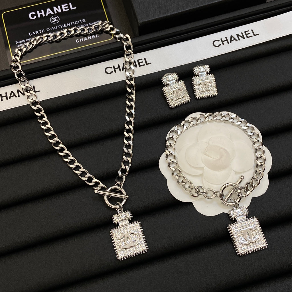 Crystal Pavé Perfume Bottle Charm Jewelry Set