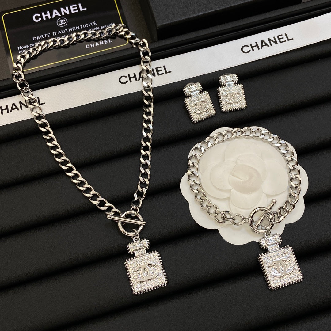 Crystal Pavé Perfume Bottle Charm Jewelry Set