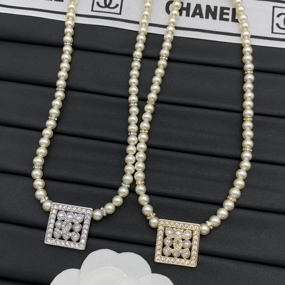 Pearl Strand CC Pavé Square Pendant Necklace – Gold & Silver
