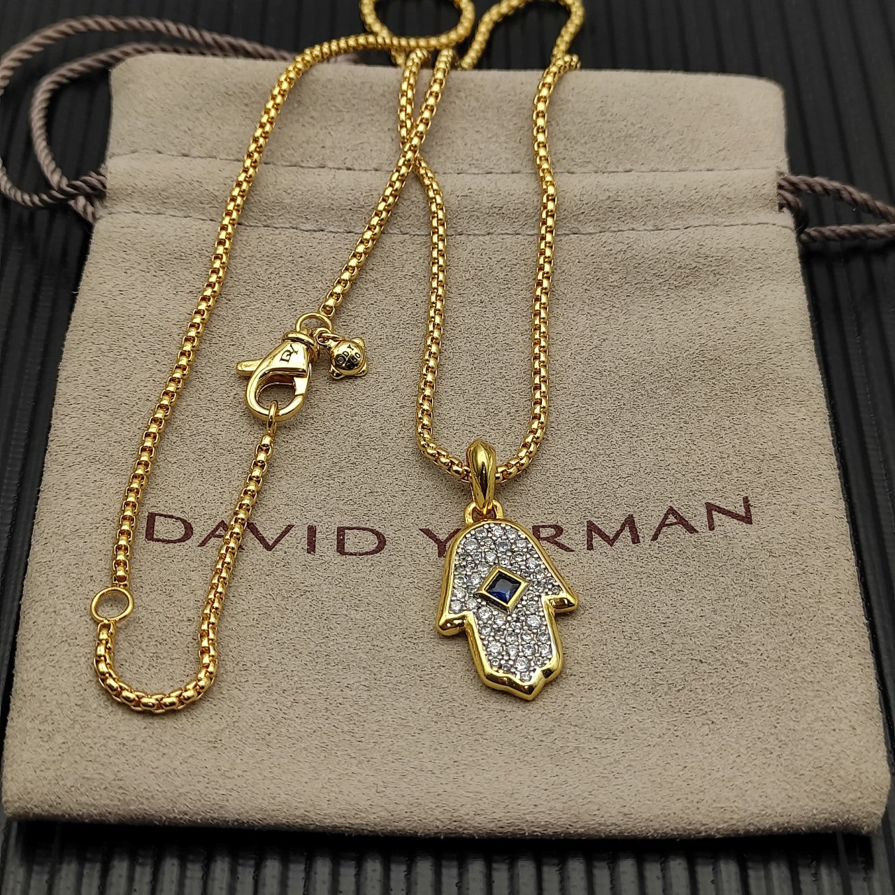 Hamsa Hand CZ Necklace with Blue Stone