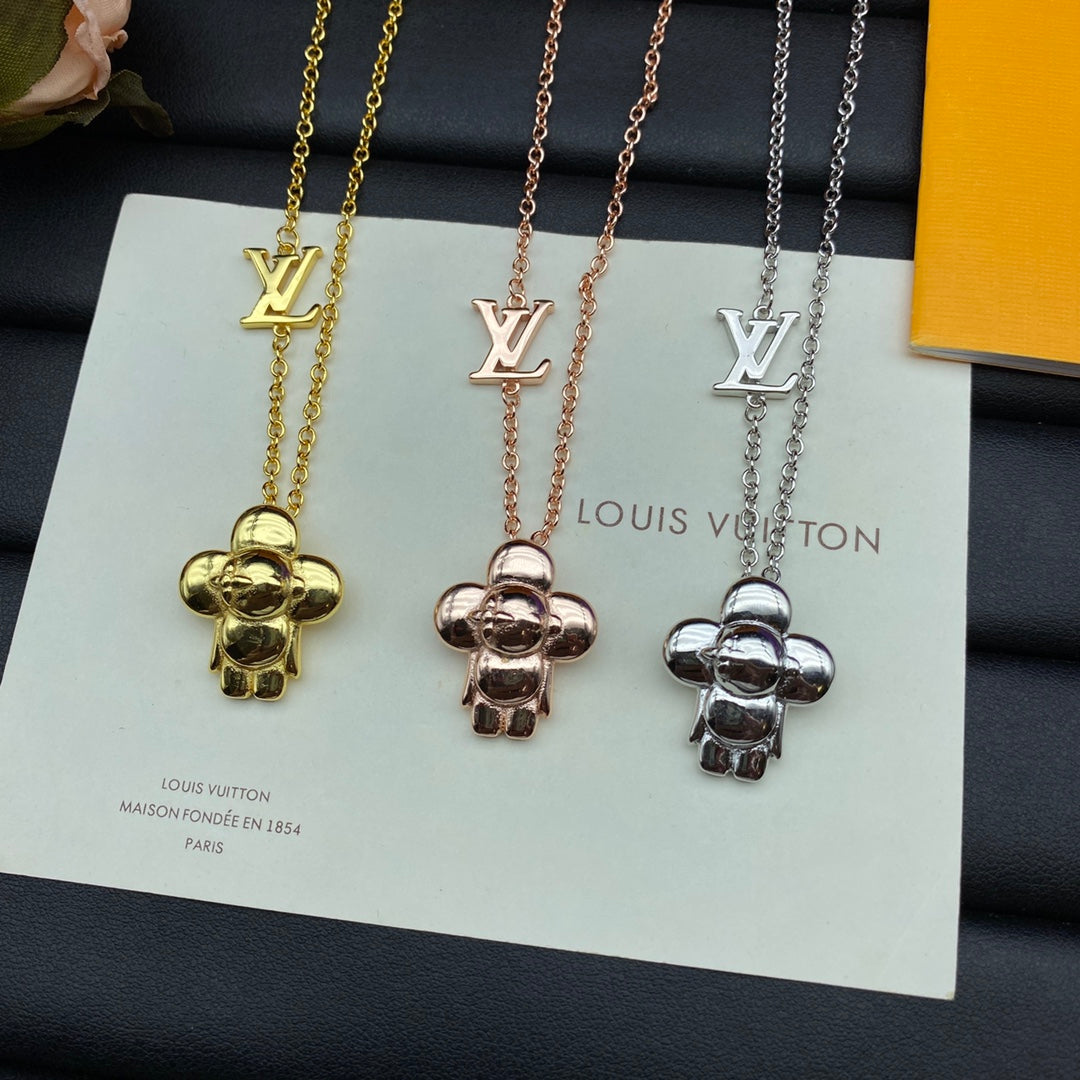 3D Puffy Teddy Bear Charm Double Drop Cable Chain Necklace