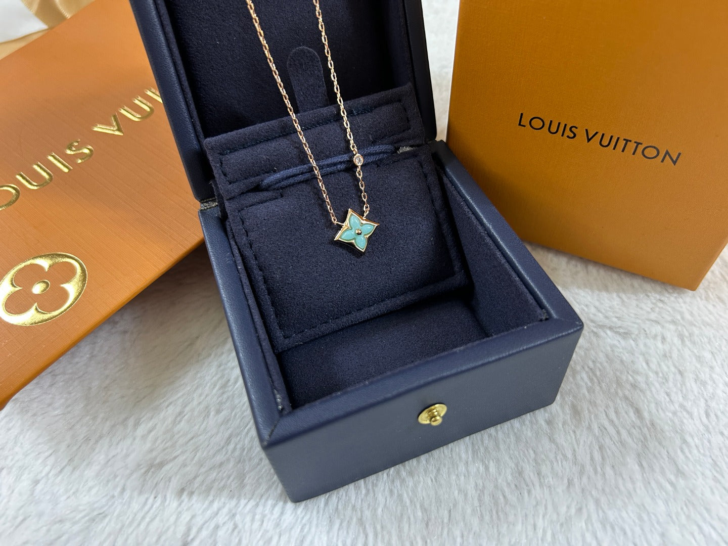 Turquoise Enamel Four-Petal Flower Pendant Necklace