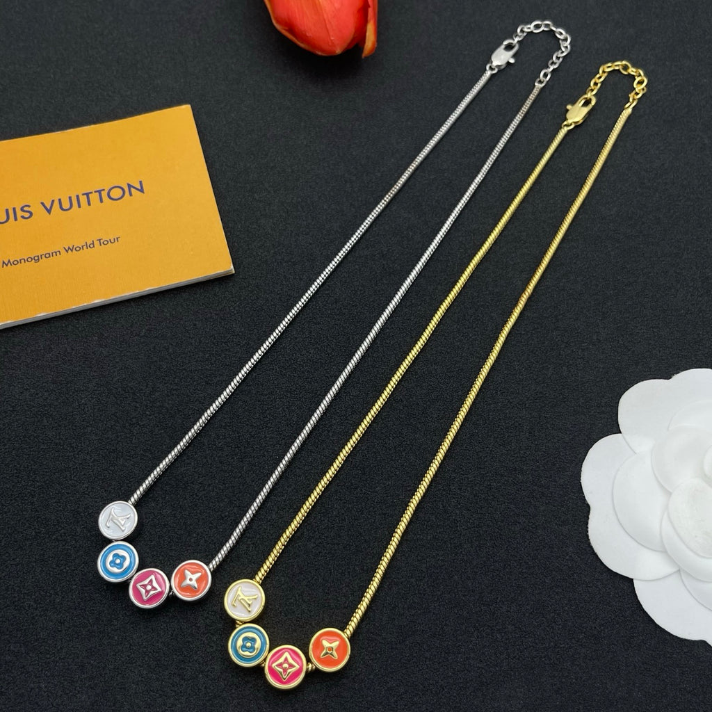 Colorful Enamel Floral Disc Charm Snake Chain Necklace