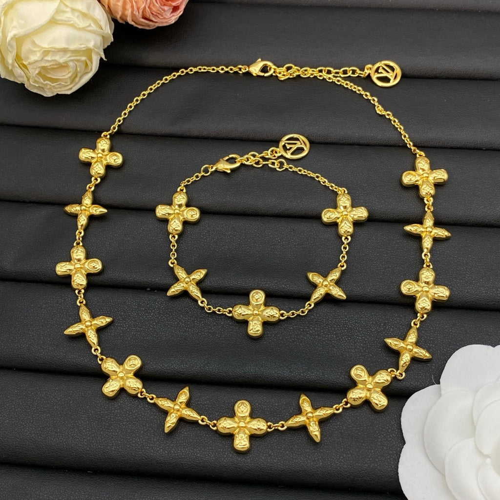 Embossed Four-Petal Flower Station Necklace & Bracelet Set