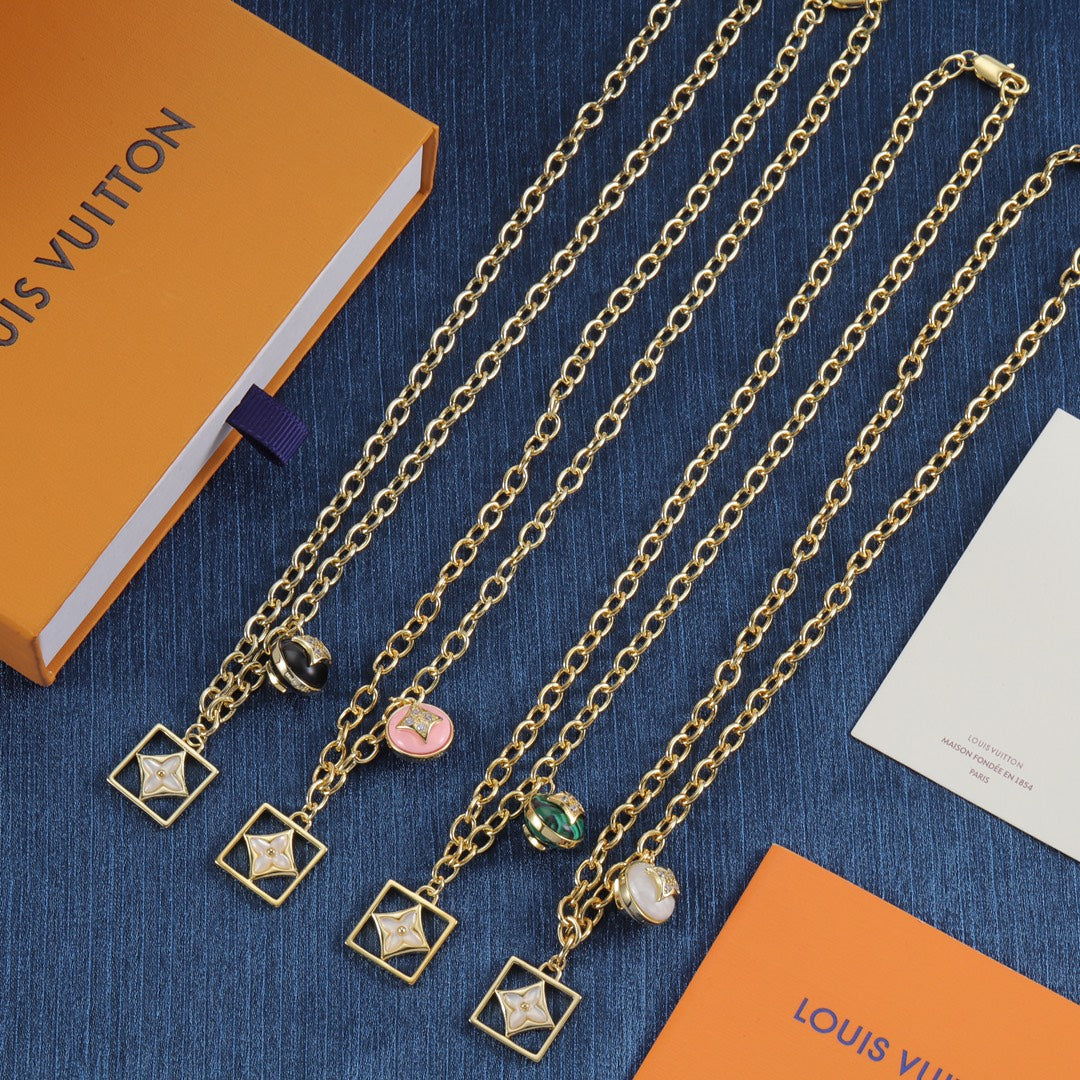 Square Frame Floral Charm Long Chain Necklace