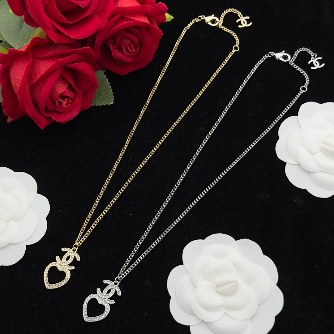 Crystal Interlocking Loop & Open Heart Charm Curb Chain Necklace