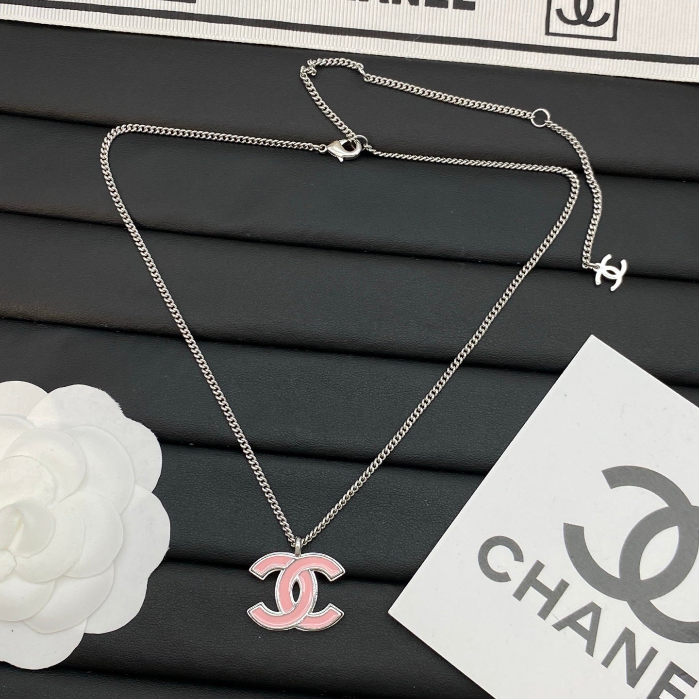 legant Intertwined Initial Pendant Necklace – Silver Chain, Black & Pink Enamel