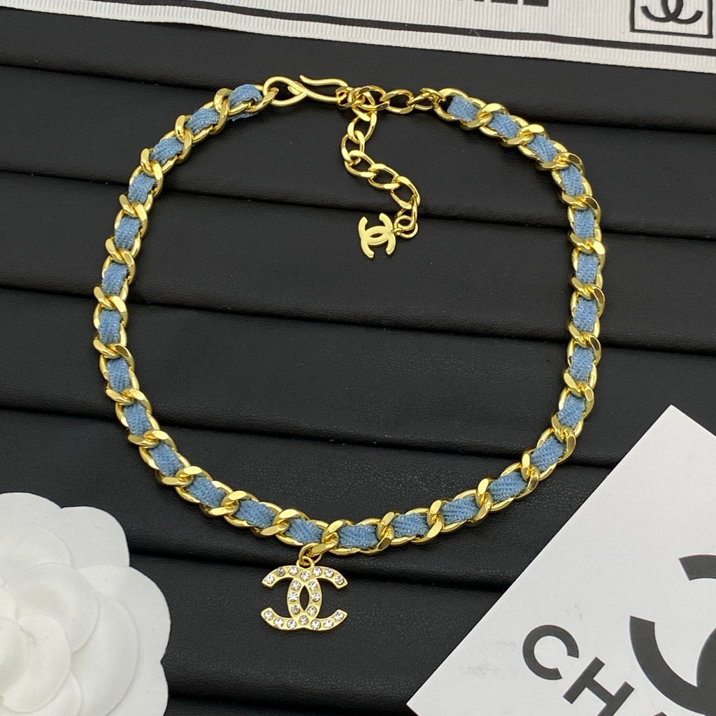 Denim-Woven Cuban Chain Necklace | Crystal Pavé Logo Pendant | Gold & Silver Tone