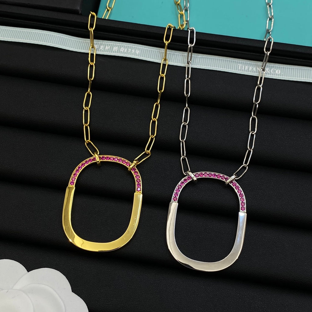Half Pink Crystal & Polished Open Rounded Square Pendant Paperclip Chain Necklace – Gold & Silver