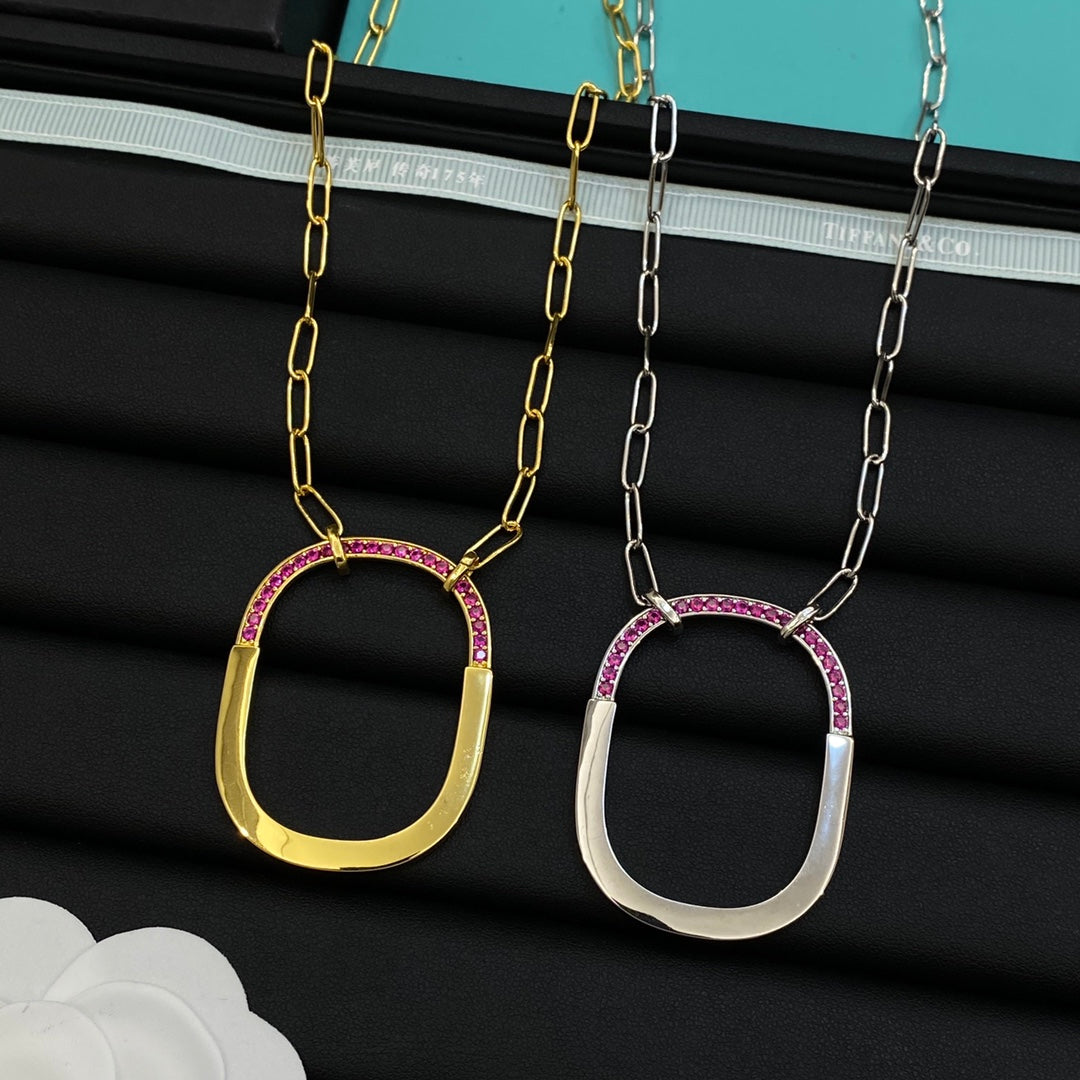 Half Pink Crystal & Polished Open Rounded Square Pendant Paperclip Chain Necklace – Gold & Silver