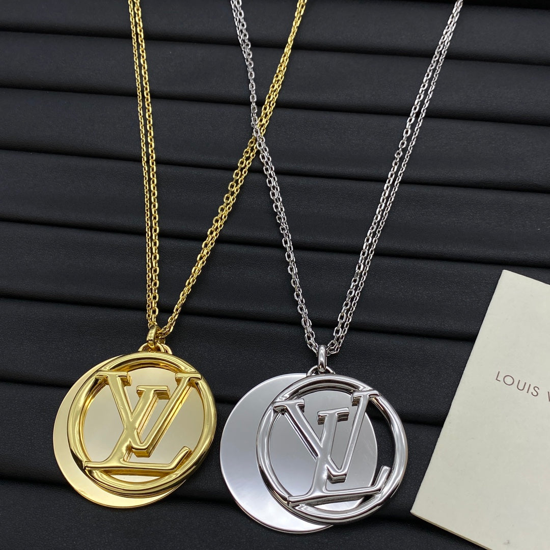 Oversized Round Medallion Coin Pendant Double Cable Chain Long Necklace