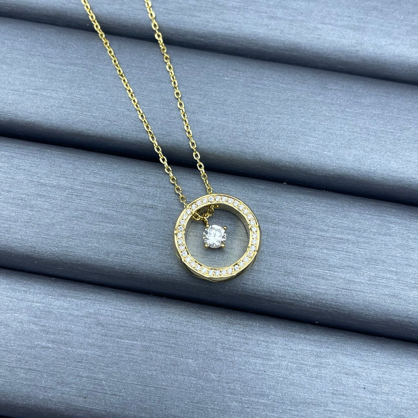 Crystal Pavé Open Circle Floating Solitaire Pendant Necklace