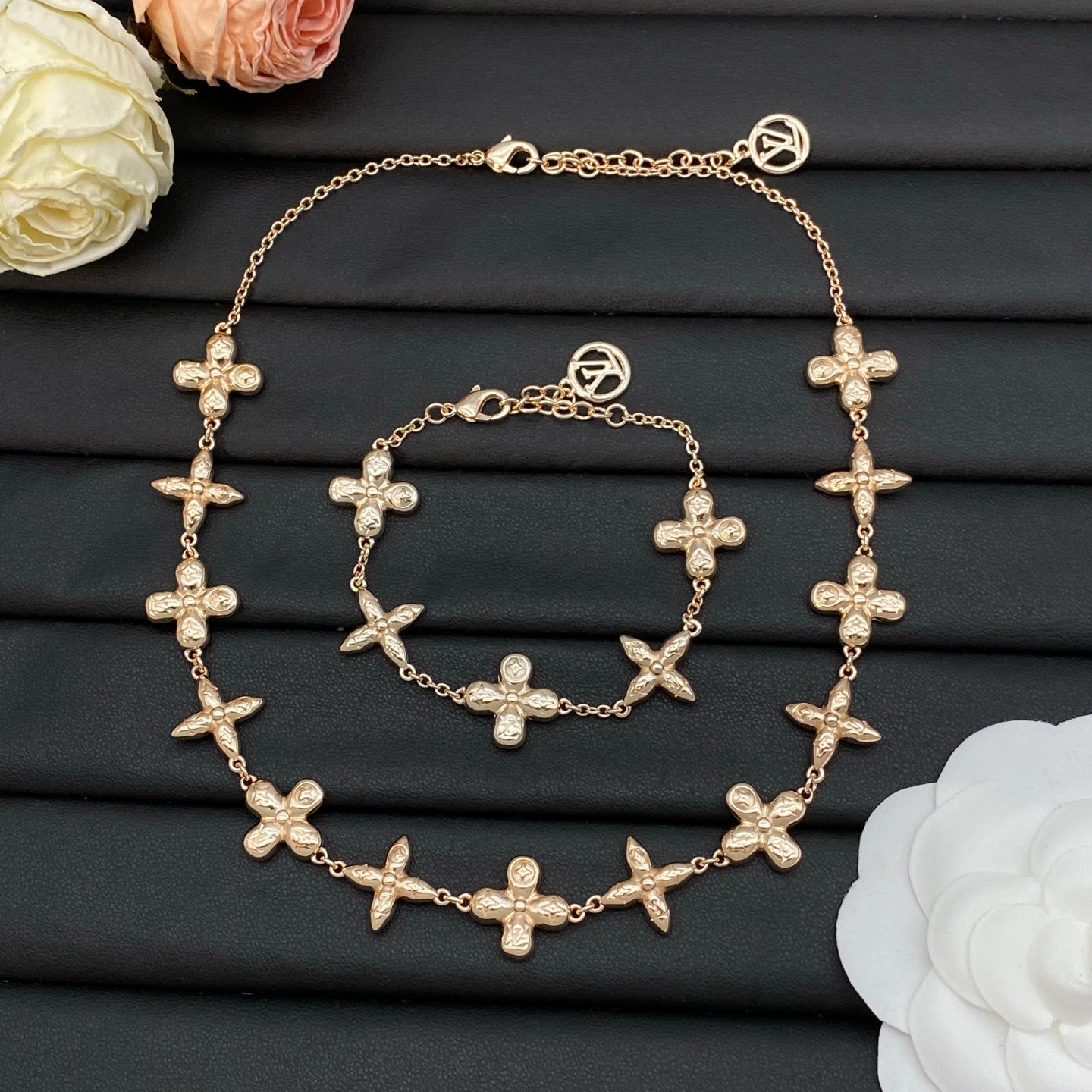 Embossed Four-Petal Flower Station Necklace & Bracelet Set