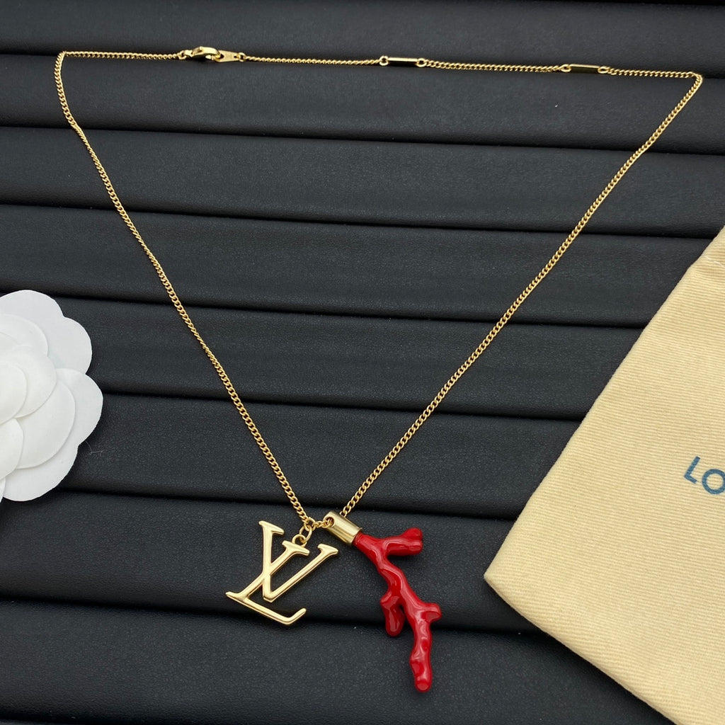 Red Coral Branch Charm Curb Chain Necklace