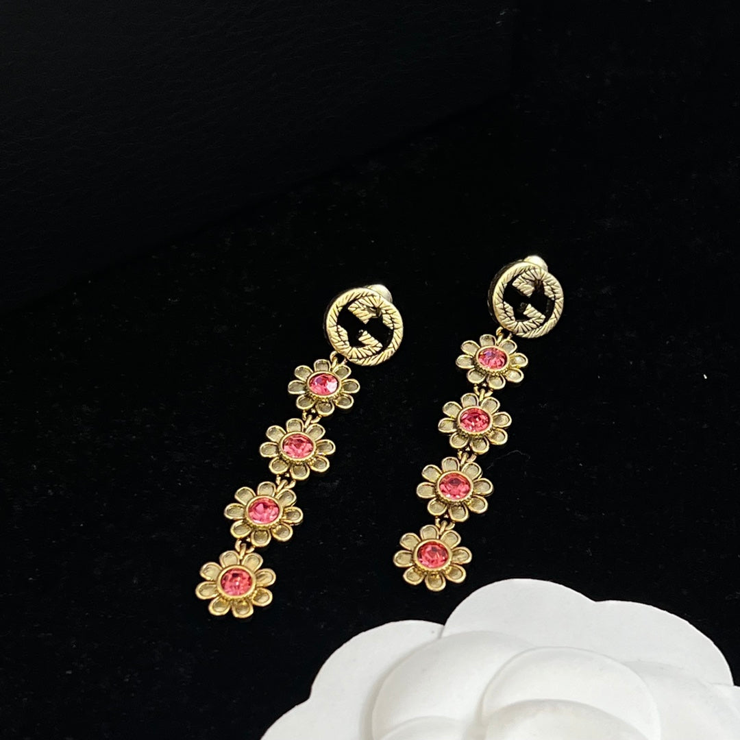 Pink Crystal Daisy Logo Cuban Chain Jewelry Set