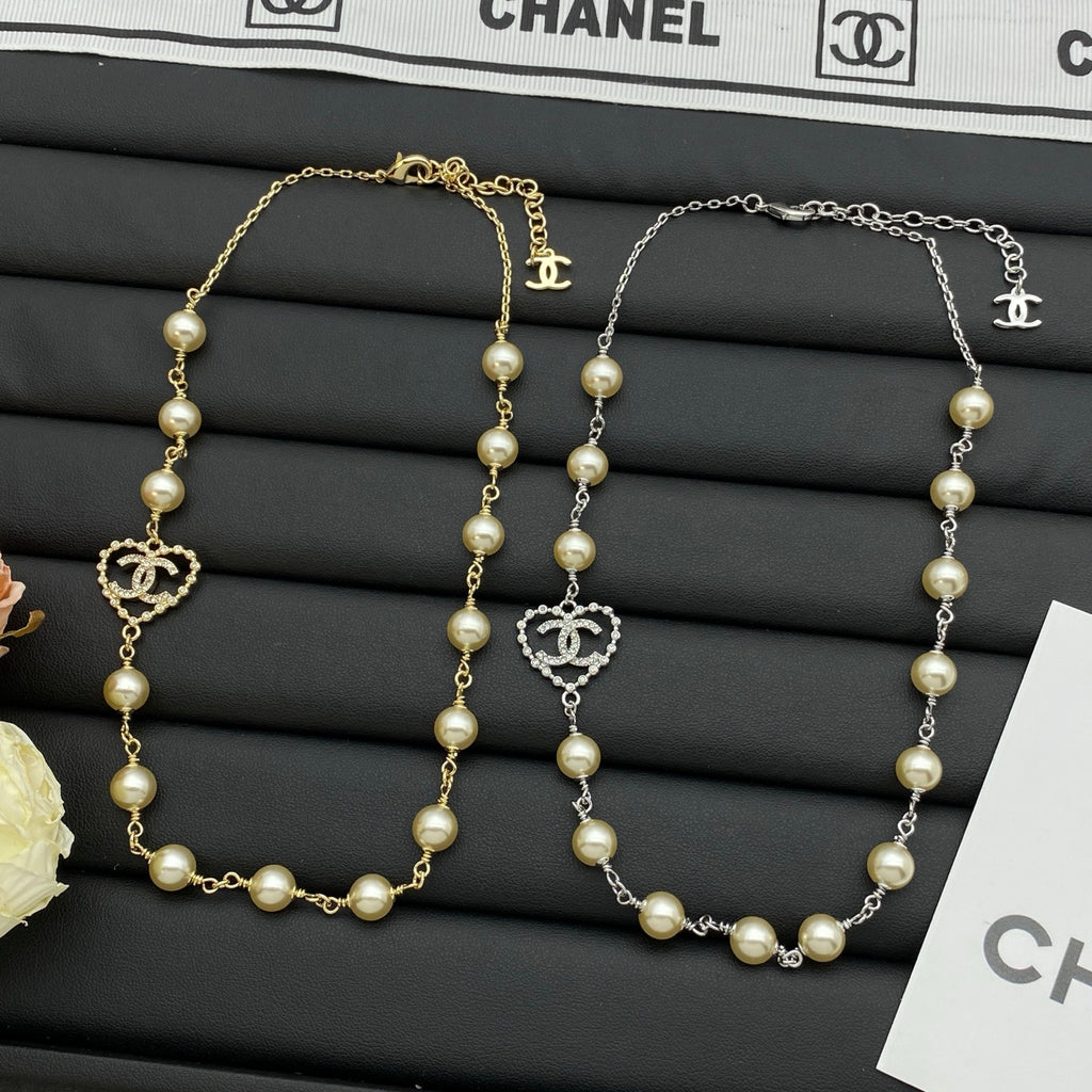 Faux Pearl Beaded Long Necklace with Crystal Heart Charm – Gold & Silver