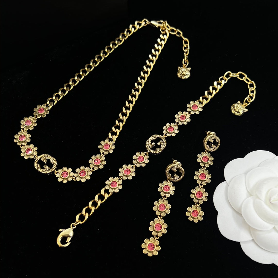 Pink Crystal Daisy Logo Cuban Chain Jewelry Set