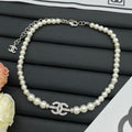 Crystal CC Charm Pearl & Clear Bead Choker Necklace