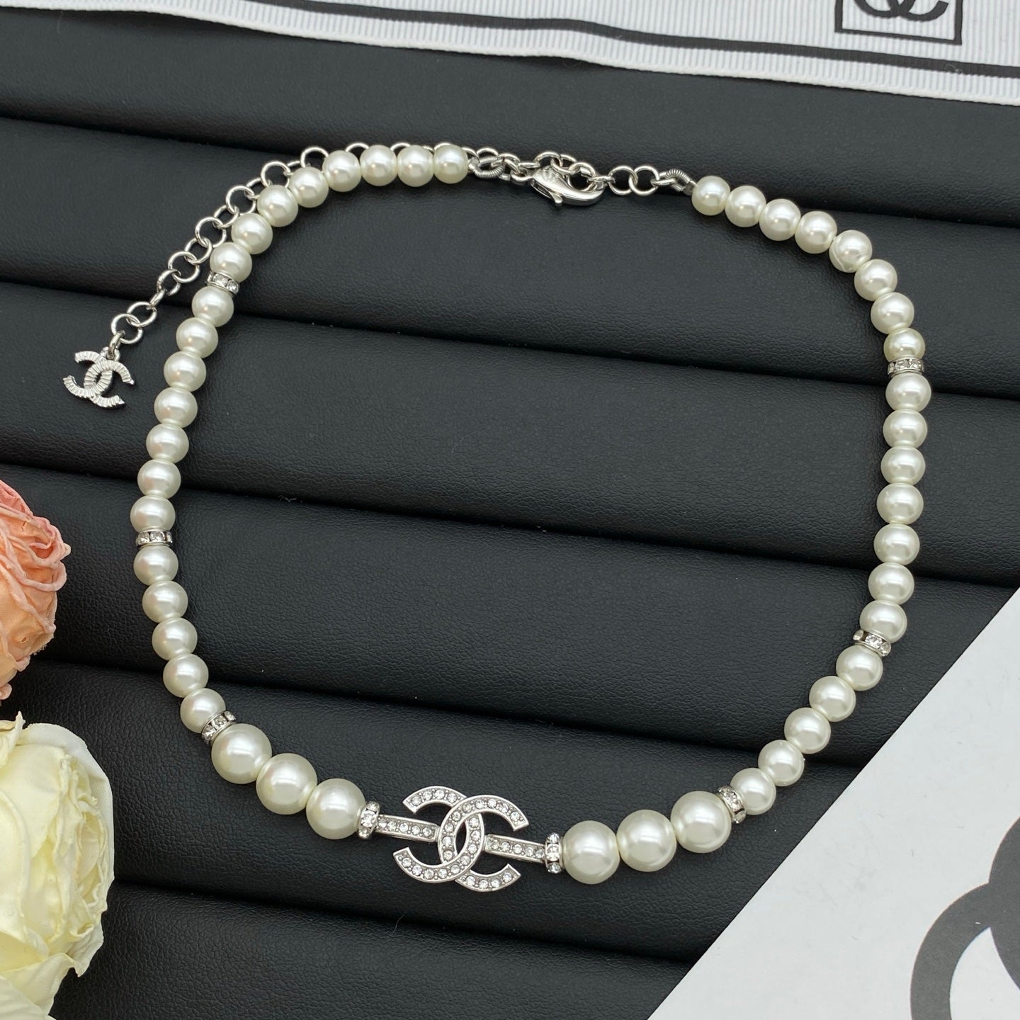Crystal CC Charm Pearl & Clear Bead Choker Necklace