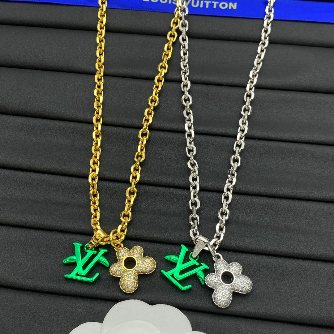 Pavé Four-Petal Flower Open Center Pendant O-Link Chain Necklace