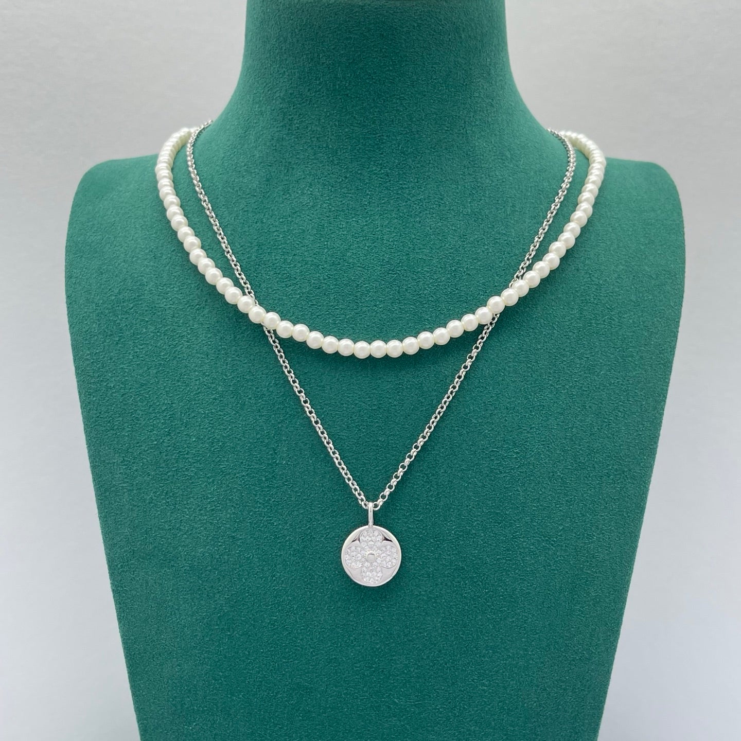Pearl & Chain Double Layer Necklace with Pavé Floral Pendant