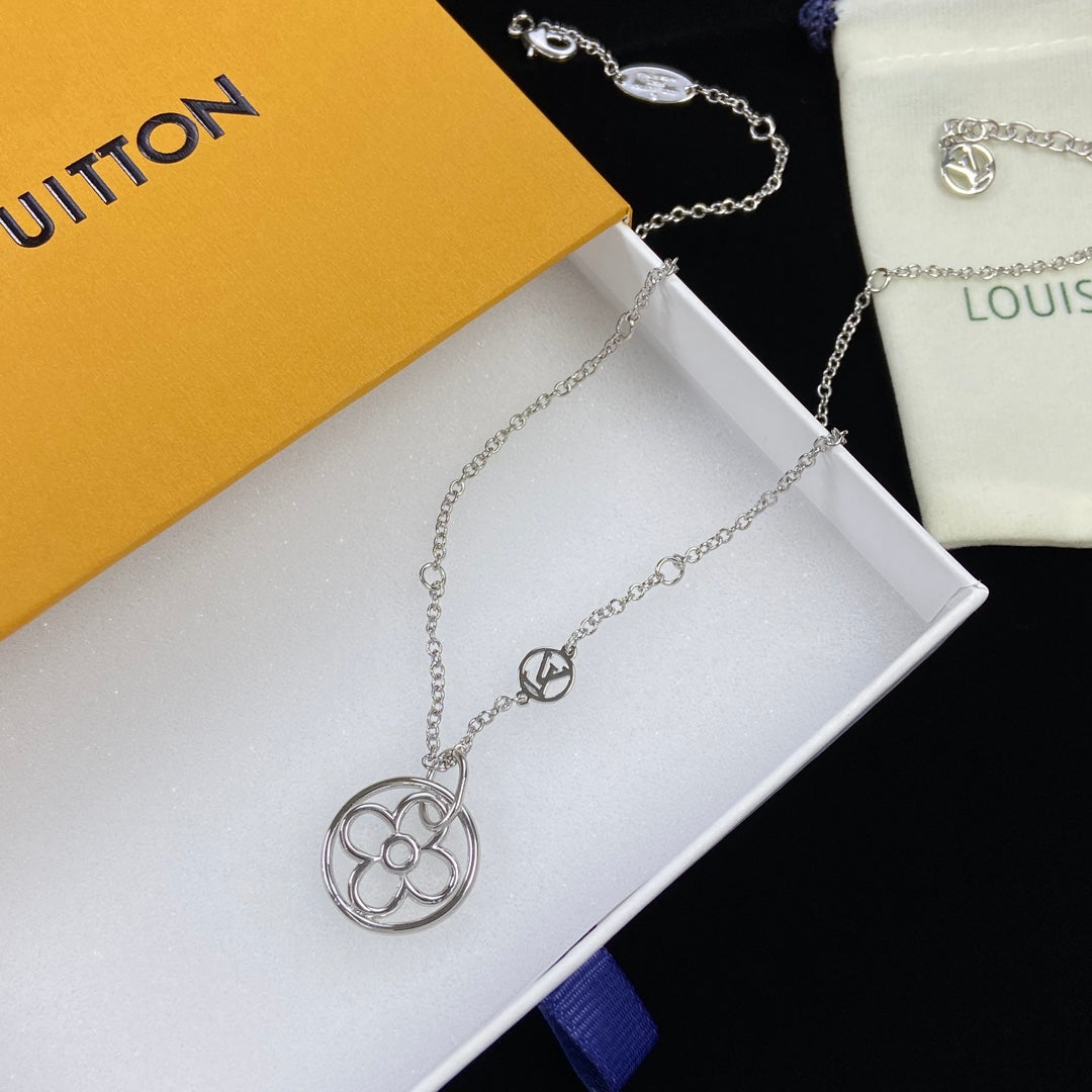 Hollow Round Monogram Flower Pendant Necklace & Bracelet