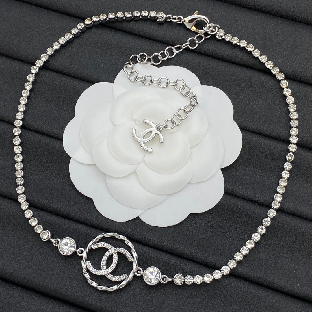 Pavé CC Circle Pendant Tennis Chain Necklace – Gold & Silver