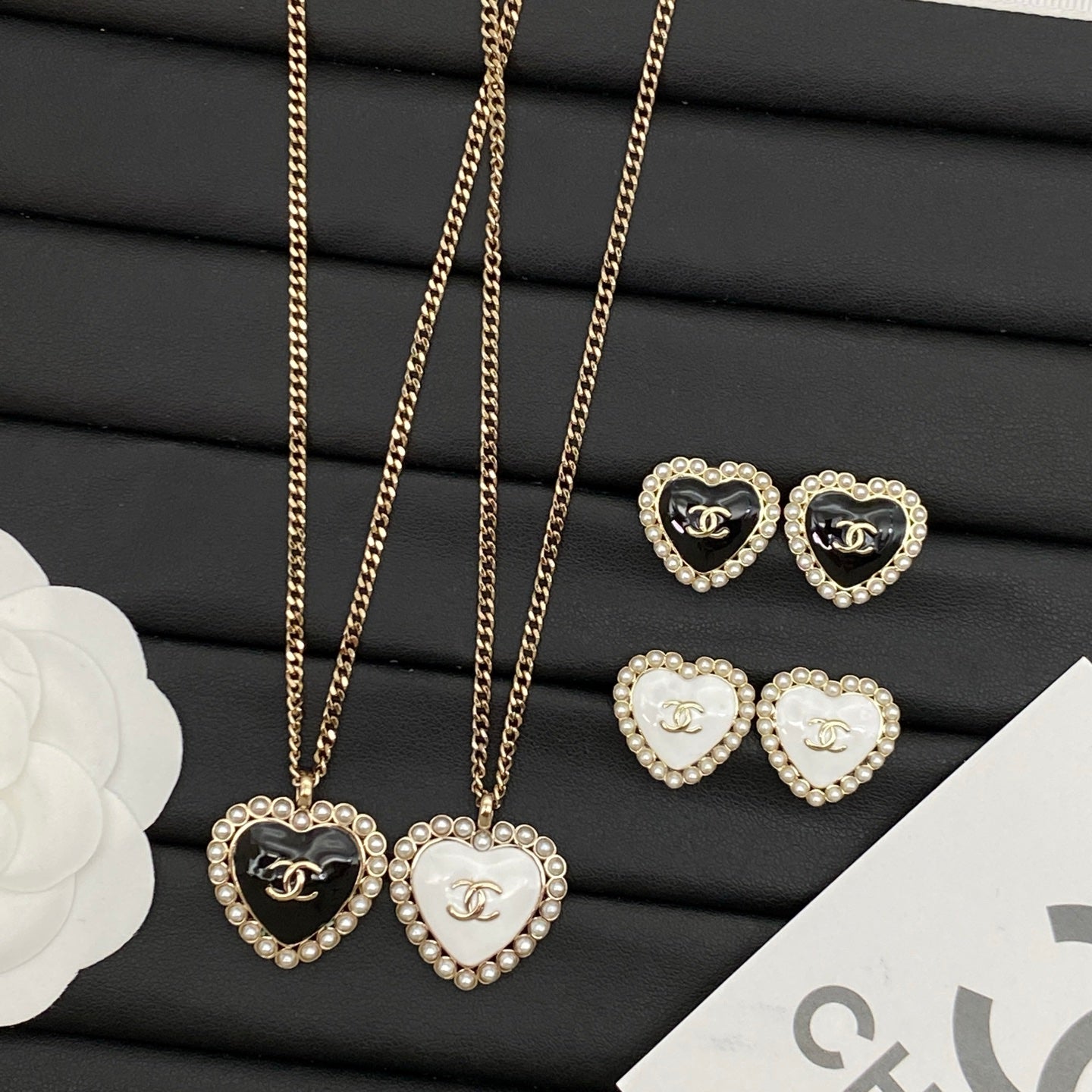 Pearl Halo Heart Pendant Necklace & Stud Earring Set | Enamel Logo | Curb Chain | Black & White