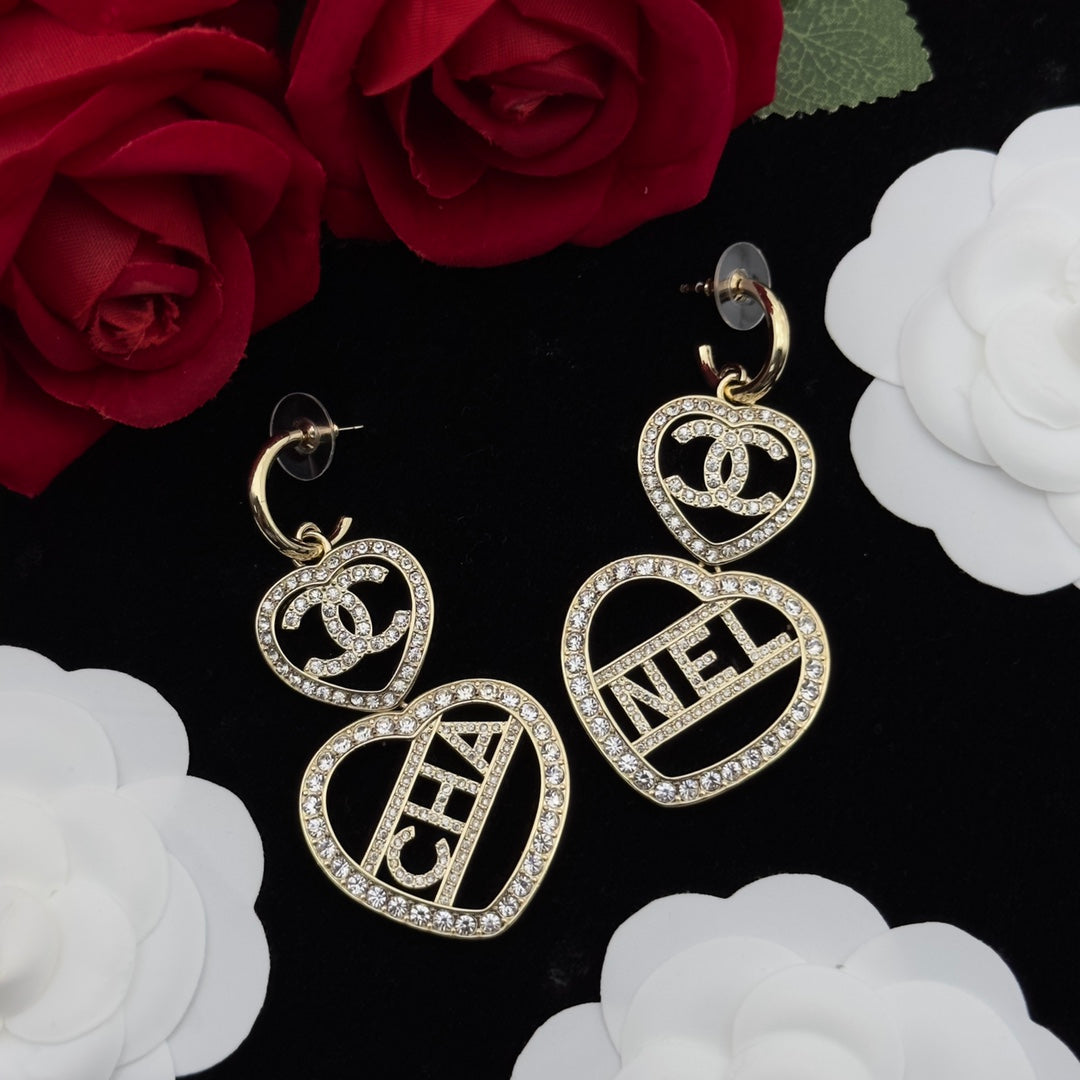 Crystal Letter Split Heart Pendant Necklace & Drop Earring Set – Gold Cuban Link Chain