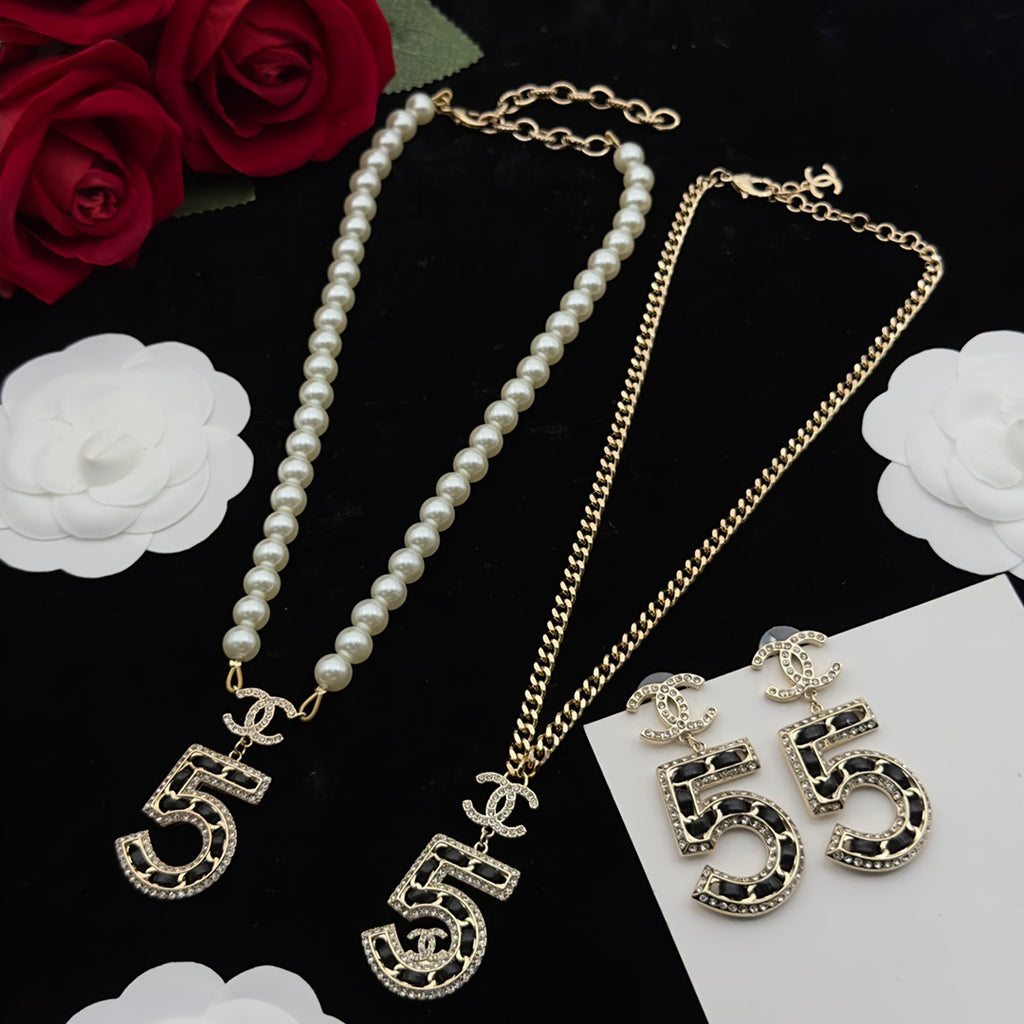 Crystal Number '5' Pendant Necklace Set – Pearl Strand & Gold Curb Chain with Matching Earrings