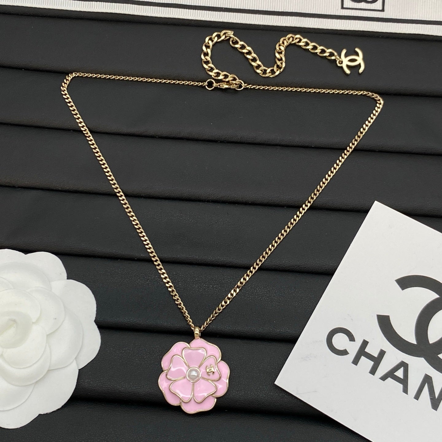 Enamel Camellia Flower Pendant Necklace | Pearl & Logo Center | Curb Chain | Black & Pink