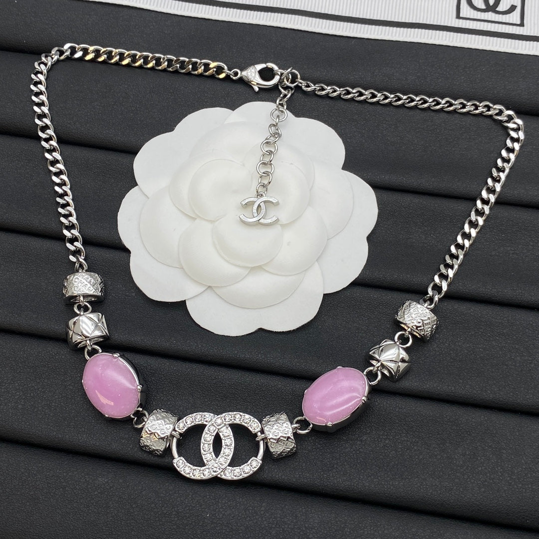 Elegant CC Pavé Pink Stone Quilted Bead Chunky Chain Necklace