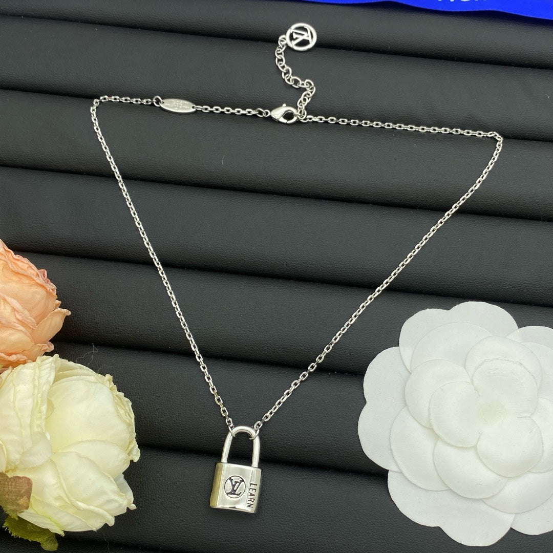 Engraved Padlock Pendant Cable Chain Necklace