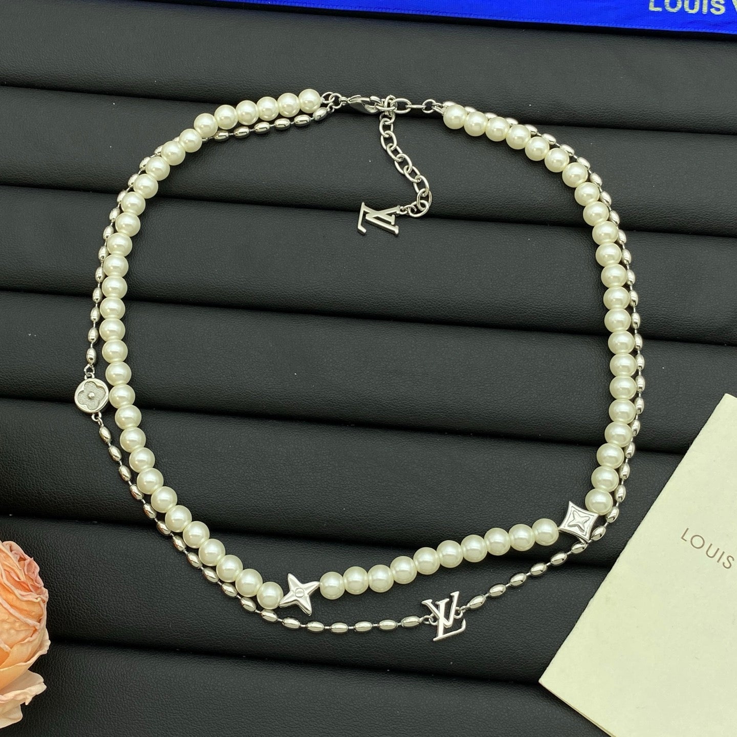 Faux Pearl & Oval Bead Star Flower Charm Necklace & Bracelet Set