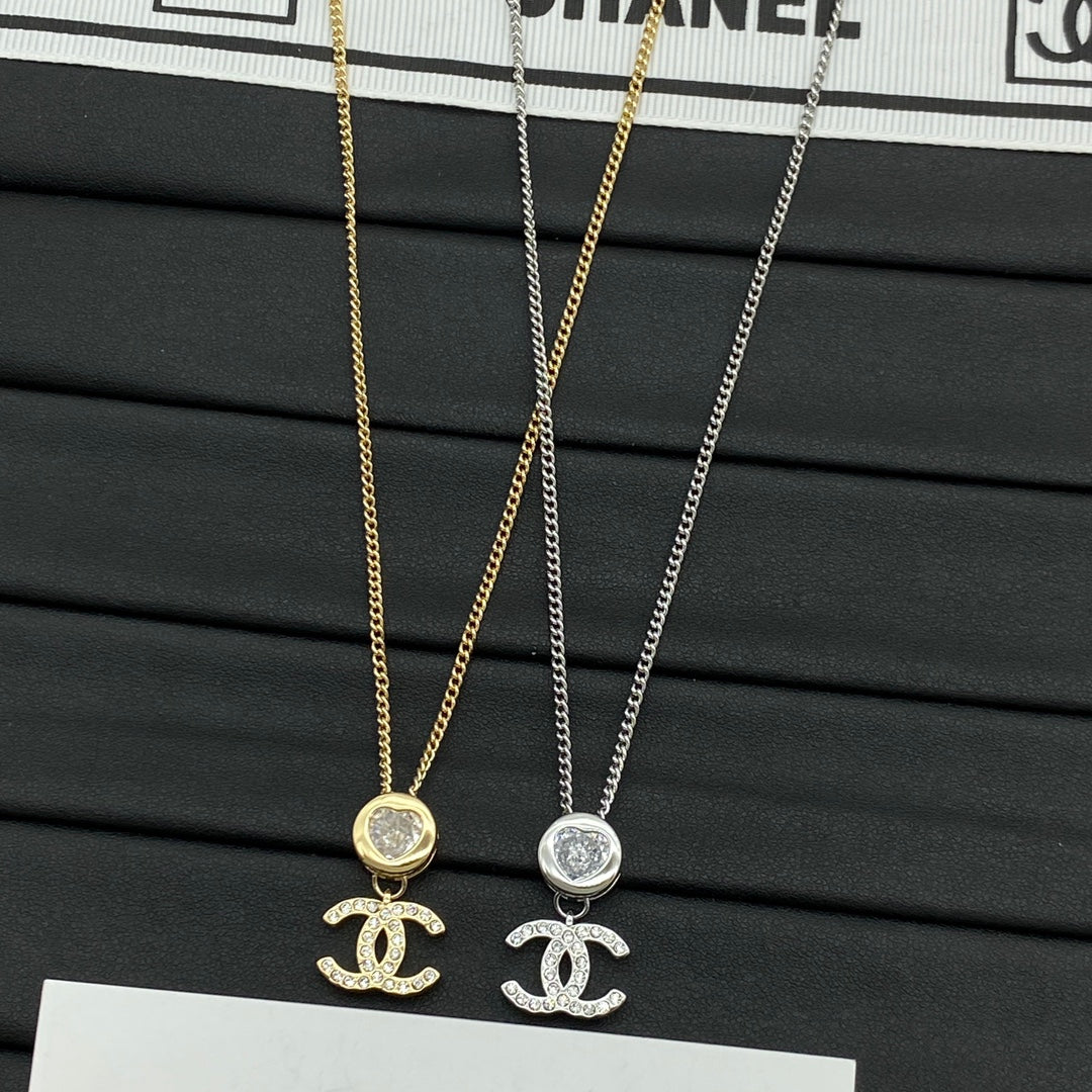 Crystal Bezel & Pavé CC Charm Curb Chain Necklace – Gold & Silver